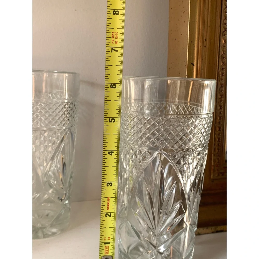 Vintage Pressed Glass Highball Tumblers Set of‎ 6 Clear Diamond Cut Pattern 6in